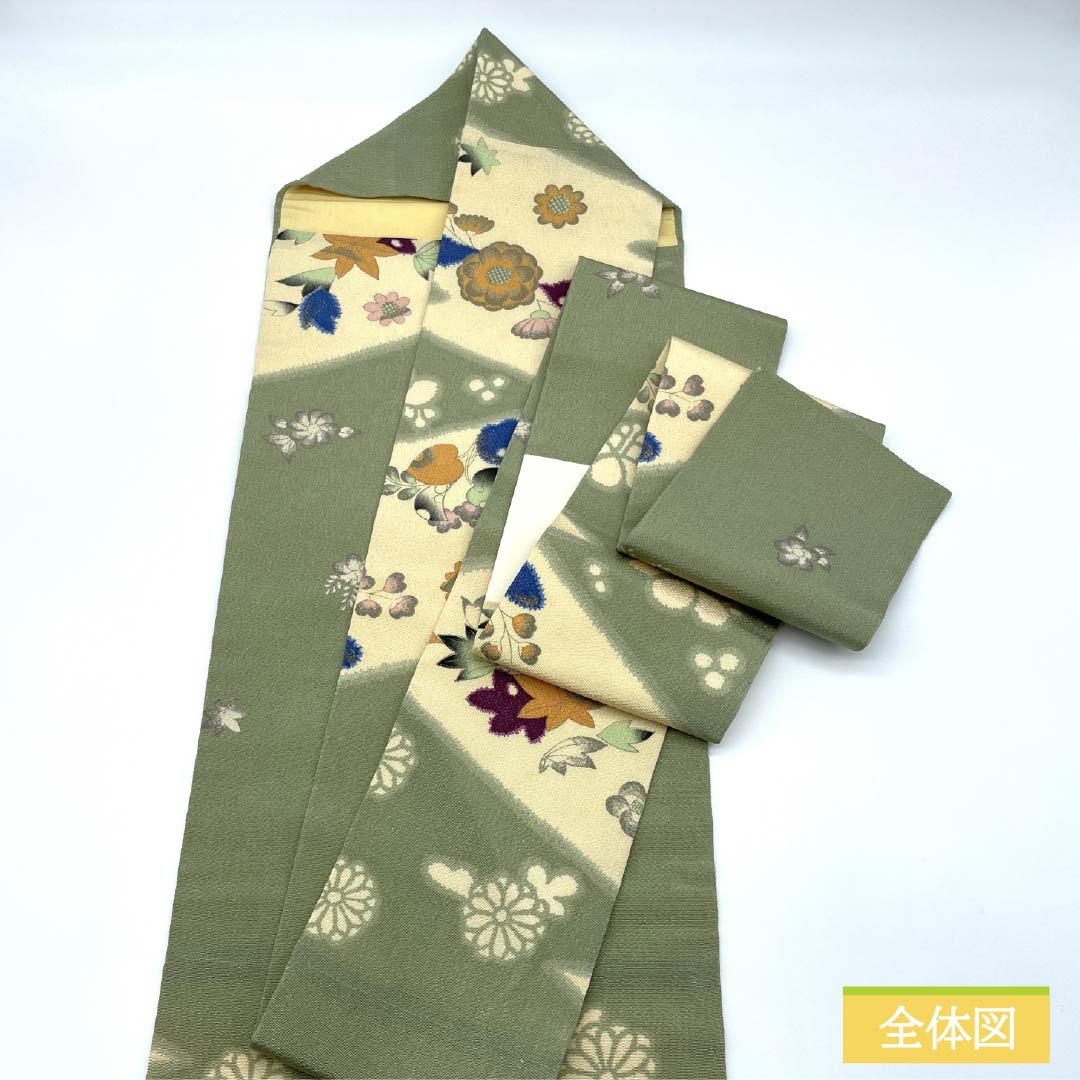 名古屋帯 正絹 Aランク 柳茶色（やなぎちゃいろ） ちりめん地 辻ヶ花 染め帯 帯丈347cm ポイント柄 カジュアル 緑系 1124009183319 名古屋仕立て
