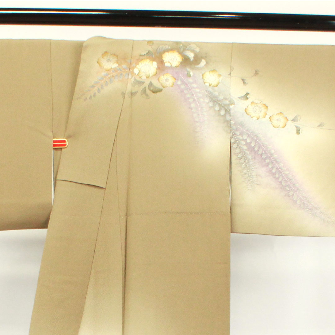 Homongi, pure silk, lined, length 154cm, sleeve length 64cm, sand color, Tsujigahana, thin rings and quince, S rank, beige, 1112003102225