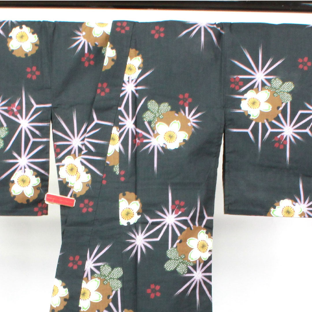 Yukata, Snowflake, Cherry Blossom, Asanoha, Cotton, S Rank, Single Layer, Length 164.5cm, Sleeve Length 64cm, Black, 1118002212410