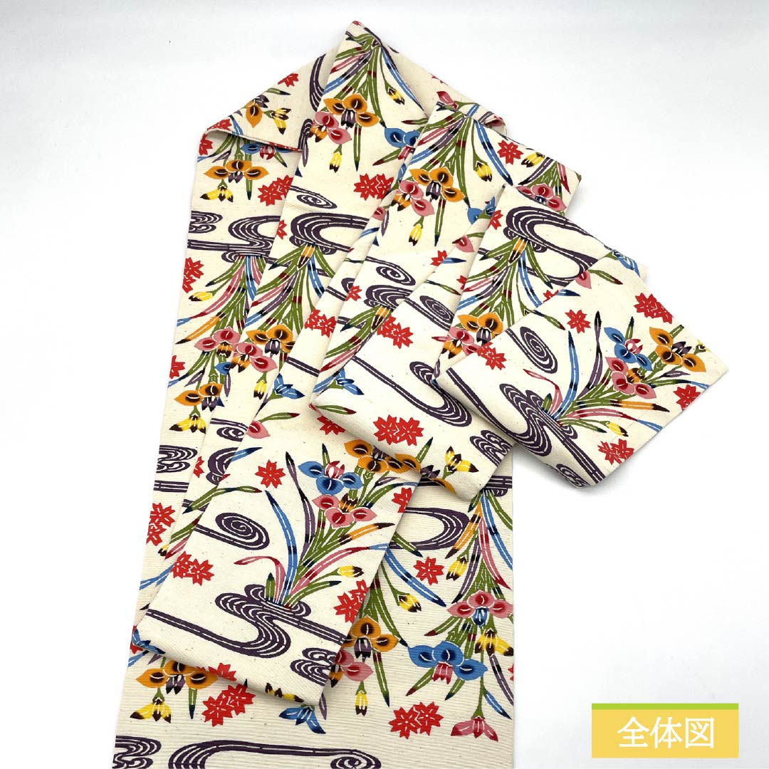 Nagoya obi, natural color (kinariiro), Ryukyu Bingata, Kanze Ryusui, Iris, obi length 345cm, pure silk, A rank, full length, casual, cream color, 1124007903315, Nagoya style