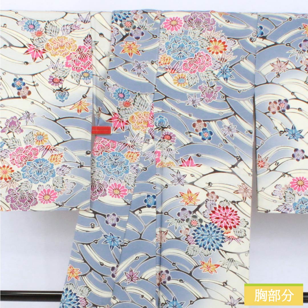 Visiting Kimono, Pure Silk, Grade A, Lined, Length 158cm, Sleeve Length 65cm, Navy Blue, Kyoto Bingata Flower Design, Blue Basting Thread Included, Product Number: 1112007023317