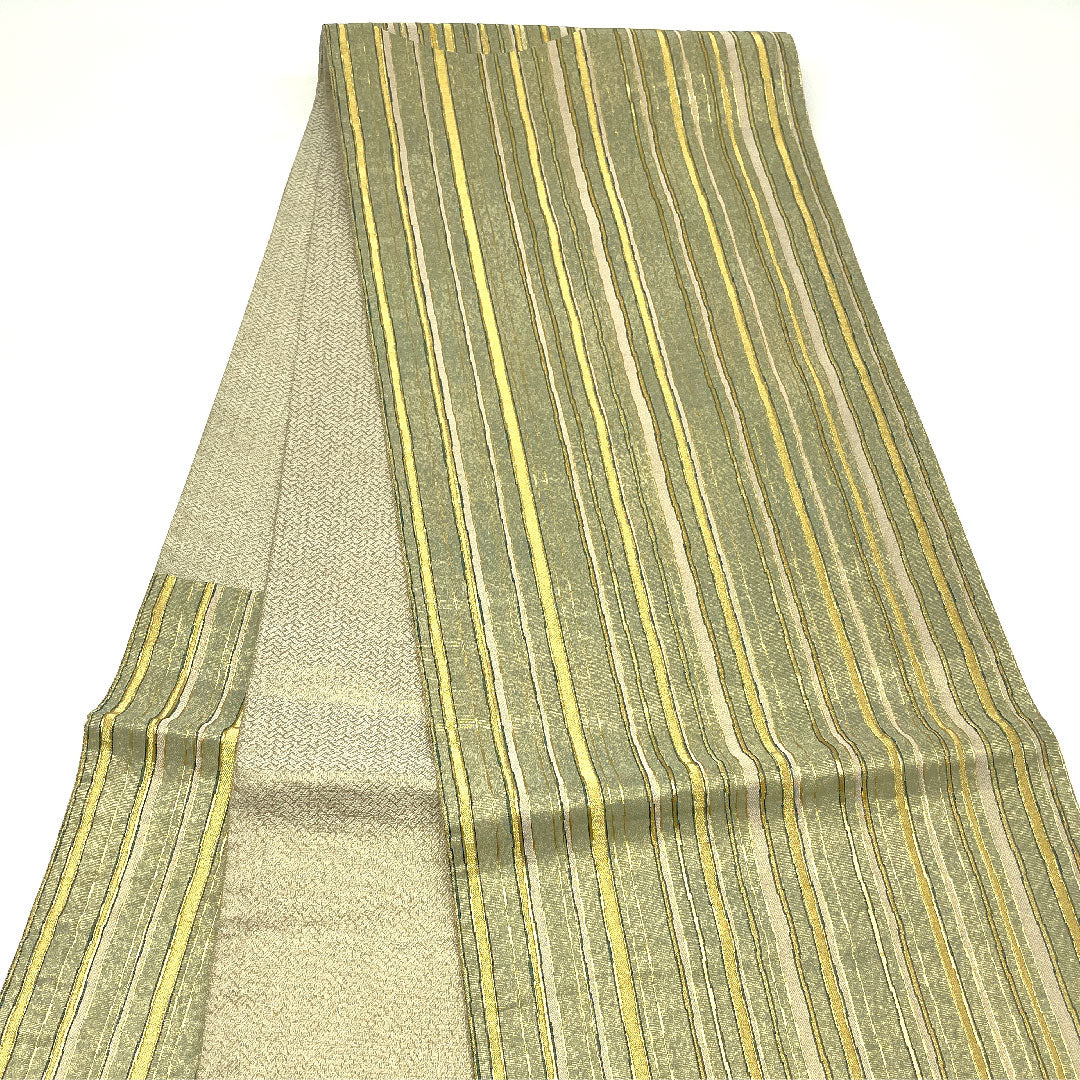 Fukuro Obi with Nuihaku, Geometric Pattern, Length 444cm, Pure Silk, S Rank, Six-way, Semi-formal, Green, 1123004452319