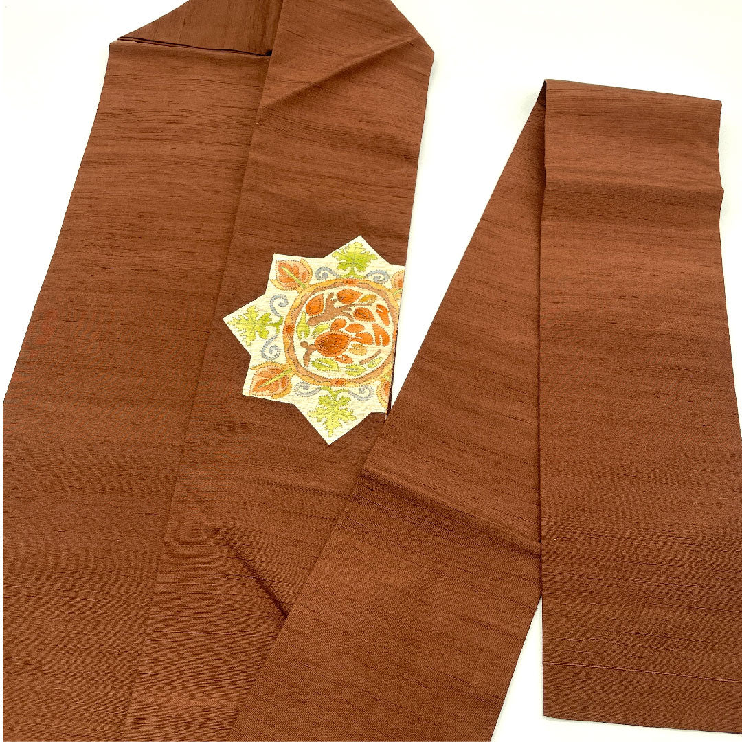 名古屋帯 相良刺繍 抽象華模様 帯丈357cm 正絹 Sランク ポイント柄 カジュアル 茶系 1124001412314  名古屋仕立て
