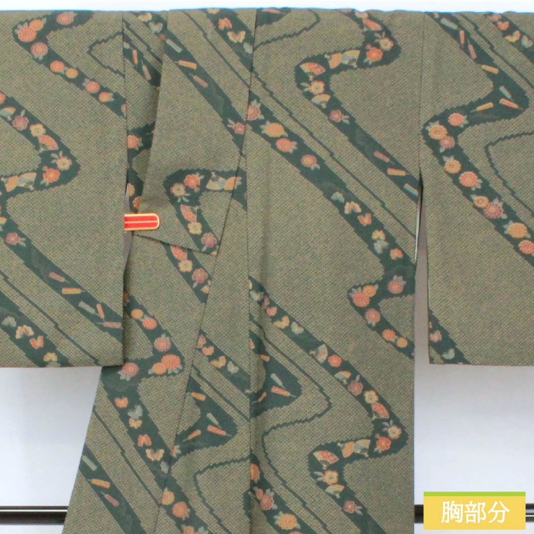 Small pattern, polyester, length 159cm, sleeve length 67cm, lined, iron color, washable kimono, flowing water, butterfly, S rank, green, 1115005192319