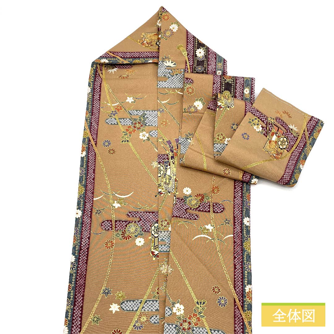 Nagoya obi, Asasugi dyed, Imperial carriage, chrysanthemum, cherry blossom, obi length 355cm, pure silk, S rank, full length, semi-formal, beige, 1124006532325, Nagoya tailoring