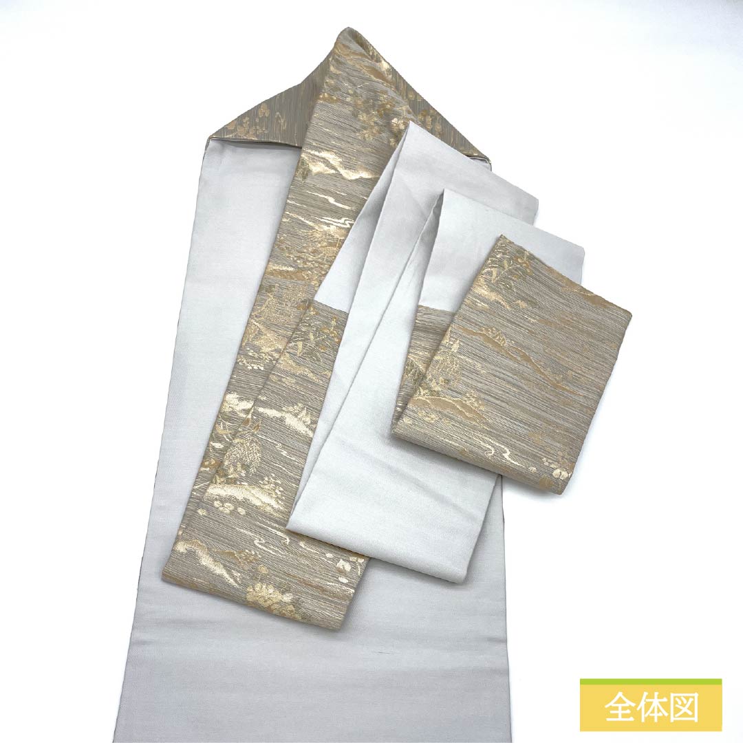 Nagoya Obi, Pure Silk, S-Rank, Landscape and Floral Pattern, Length 367cm, Six-Ply, Semi-Formal, Gray, 1124009562322, Nagoya Style