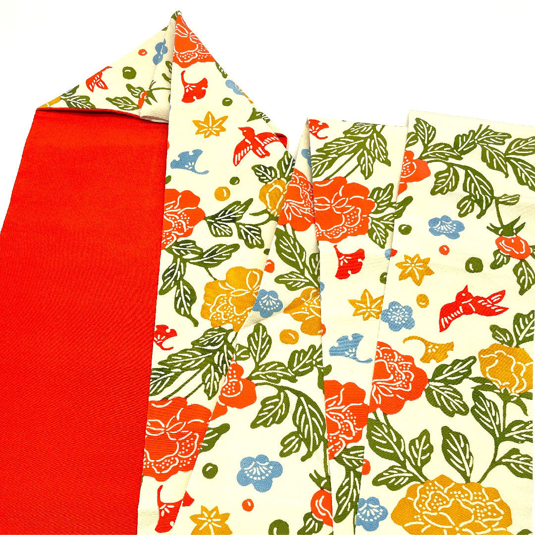 Nagoya obi, stencil-dyed obi, flower and bird pattern, obi length 378cm, pure silk, A rank, full length, casual, cream color, 1124002033315