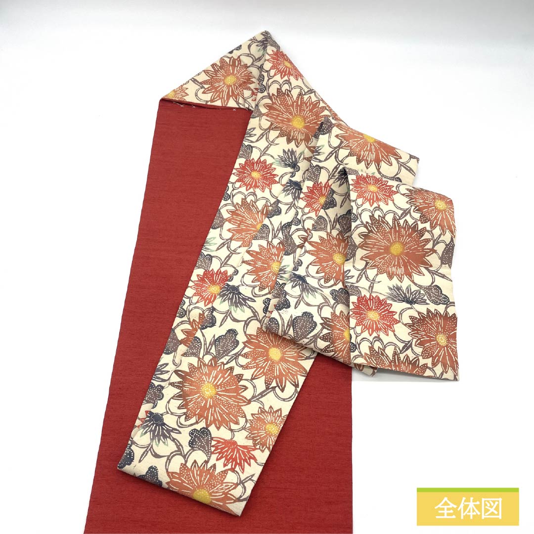名古屋帯 正絹 Sランク 生成り色（きなりいろ） 型染 洋花模様 帯丈340cm 六通 カジュアル クリーム系 1124009772315 名古屋仕立て