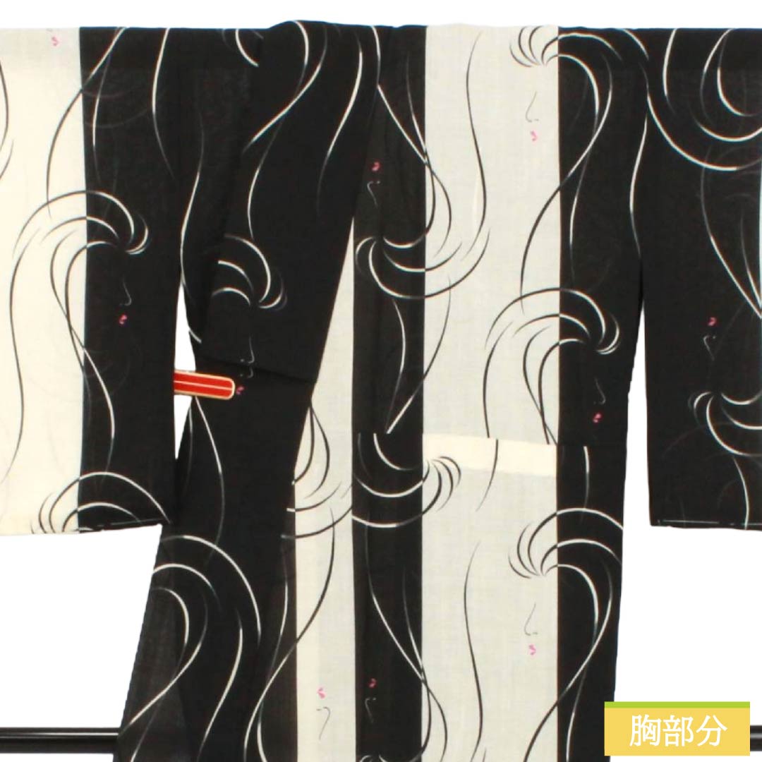 夏物 ポリエステル 小紋 Sランク 身丈166cm 裄丈67.5cm 生成り色（きなりいろ） 縞 人物画 抽象模様 紗 マルチカラー 1132003532528