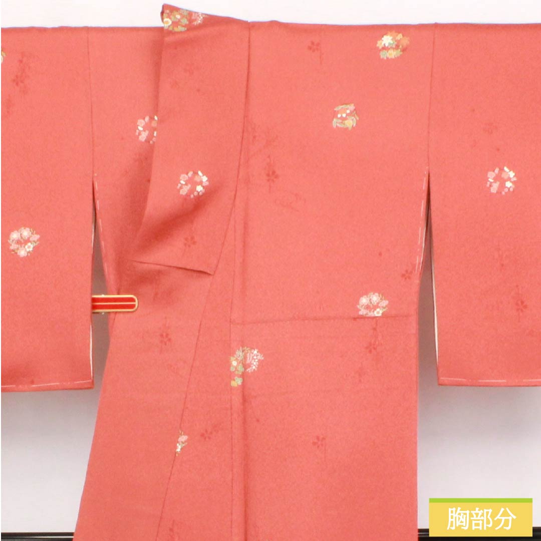 小紋 正絹 身丈163.5cm 裄丈66.5cm 袷 紅唐色（べにとういろ） 型染 花輪 Sランク 朱系 1115006072416