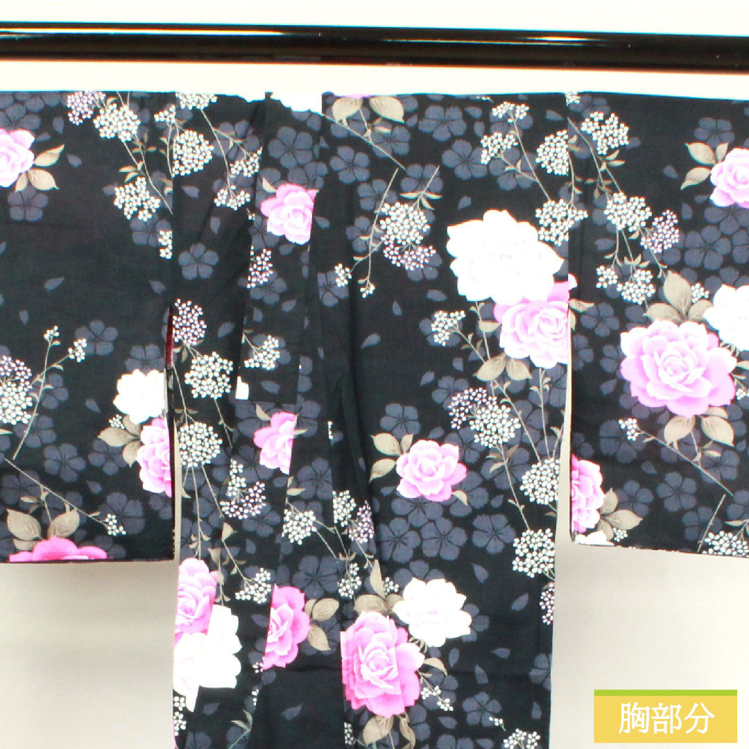 浴衣 木綿 身丈159cm 裄丈64.5cm Bランク 単衣 黒系 薔薇 カスミソウ 桜 1118004554310