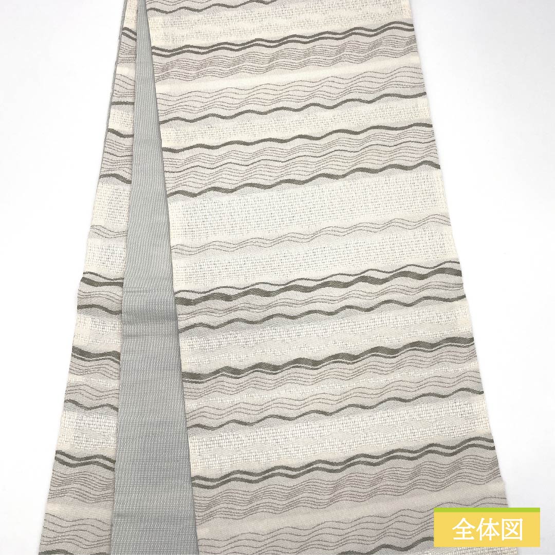 (Kyoto Fukuro Obi) Nagoya Obi, Polyester, S-Rank, Natural Color (Kinari-iro), Wave Pattern, Horizontal Stripes, Length 390cm, Full Length, Casual, White, Item Number 1124010902411, Open-Leg Style