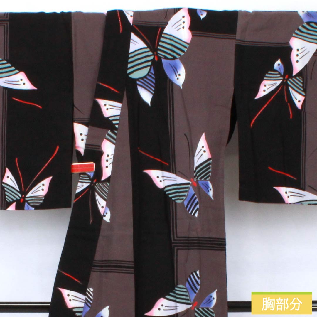 Cotton Yukata, Length 158cm, Sleeve Length 67cm, Rank B, Single Layer, Monotone, Grape Gray, Butterfly Design, 1118005824327