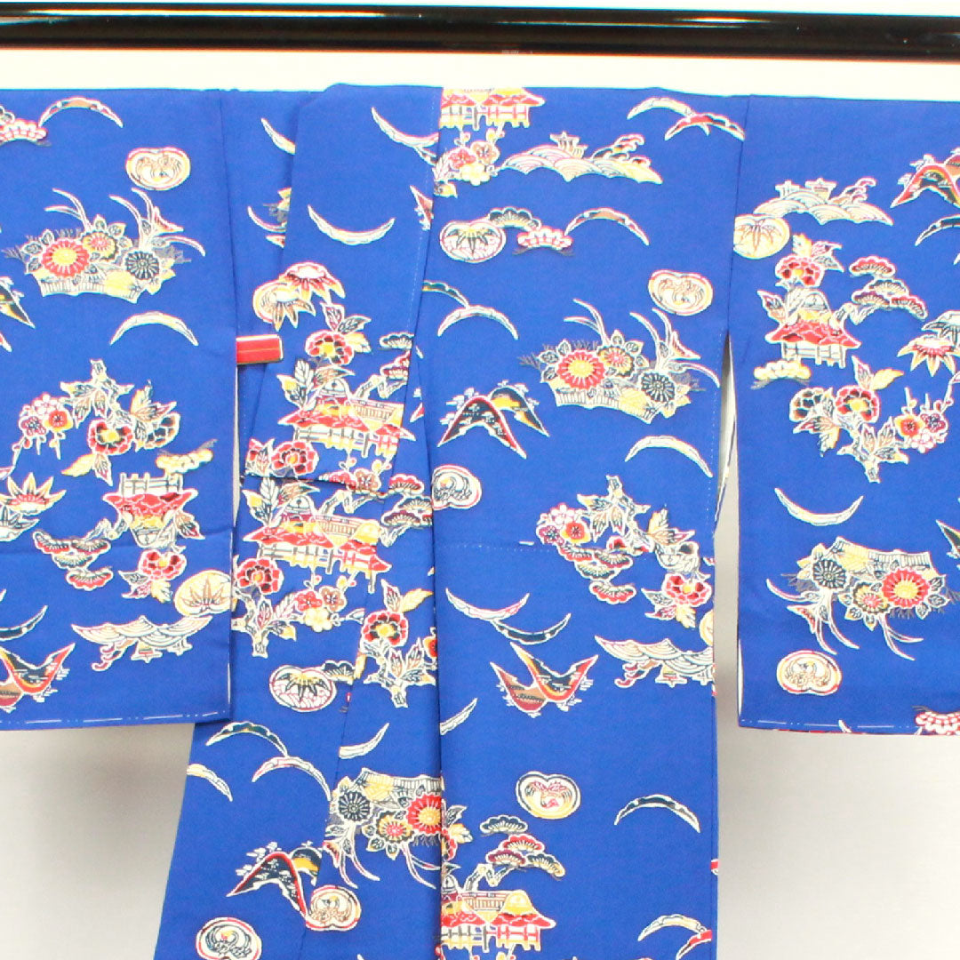 小紋 身丈170cm 裄丈67cm 袷  しつけ糸付き 未使用品 桔梗色 型染 吉祥文様  正絹 Sランク 紺系 1115003372618