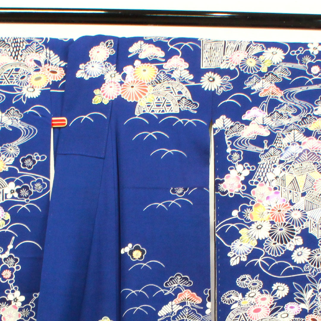 振袖 身丈161.5cm 裄丈64cm 袷  紺桔梗色 京紅型 松竹梅 菊 葵  正絹 Aランク 紺系 1113001593418