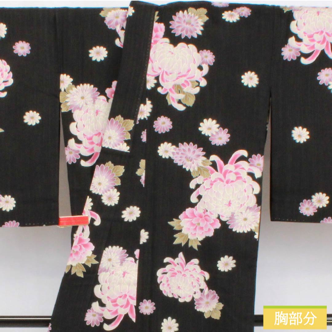 Cotton Yukata, Length 164cm, Sleeve Length 69.5cm, S Rank, Single Layer, Black, Chrysanthemum Design, 1118006282410