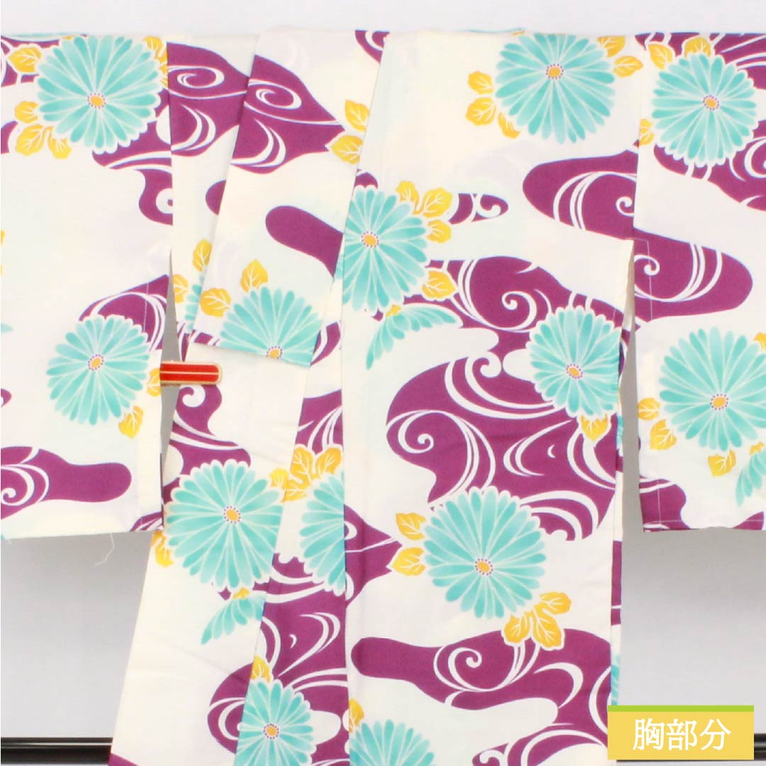 Polyester Komon (S rank) - Height 163cm, Sleeve-to-sleeve 67cm, Unlined, Milky White, Stenciled, Flowing Water and Chrysanthemum pattern, Washable Kimono, White-based, 1115007952411