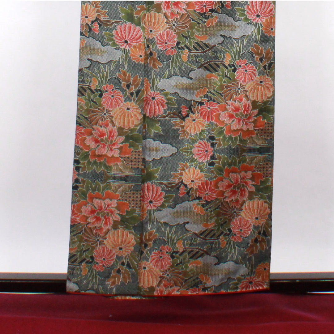 Oshima Tsumugi, Length 156.5cm, Sleeve length 64.5cm, Warp and weft ikat, Floral pattern, Pure silk, A rank, Lined, Green, 1116001853319