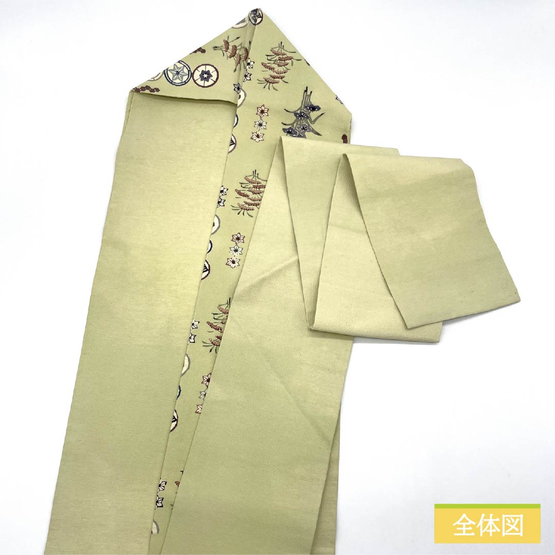 名古屋帯 硫黄色（いおういろ） 京紅型 丸紋 松 帯丈341cm 正絹 Aランク 六通 カジュアル 緑系 1124007593319 名古屋仕立て