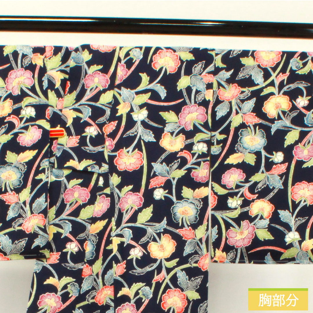 Small pattern, pure silk, length 155cm, sleeve length 62.5cm, lined, navy blue bellflower color, Kyoto Bingata, floral pattern, rank B, navy blue, 1115003784318