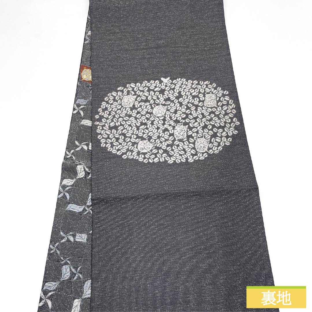 Reversible Fukurokuju Obi (Sekiban-iro) Silk Obi by Hondaya Genbei, featuring an owl and floral motif. Length: 454cm. S-Rank. Casual, gray accents. Product code: 1123013212422