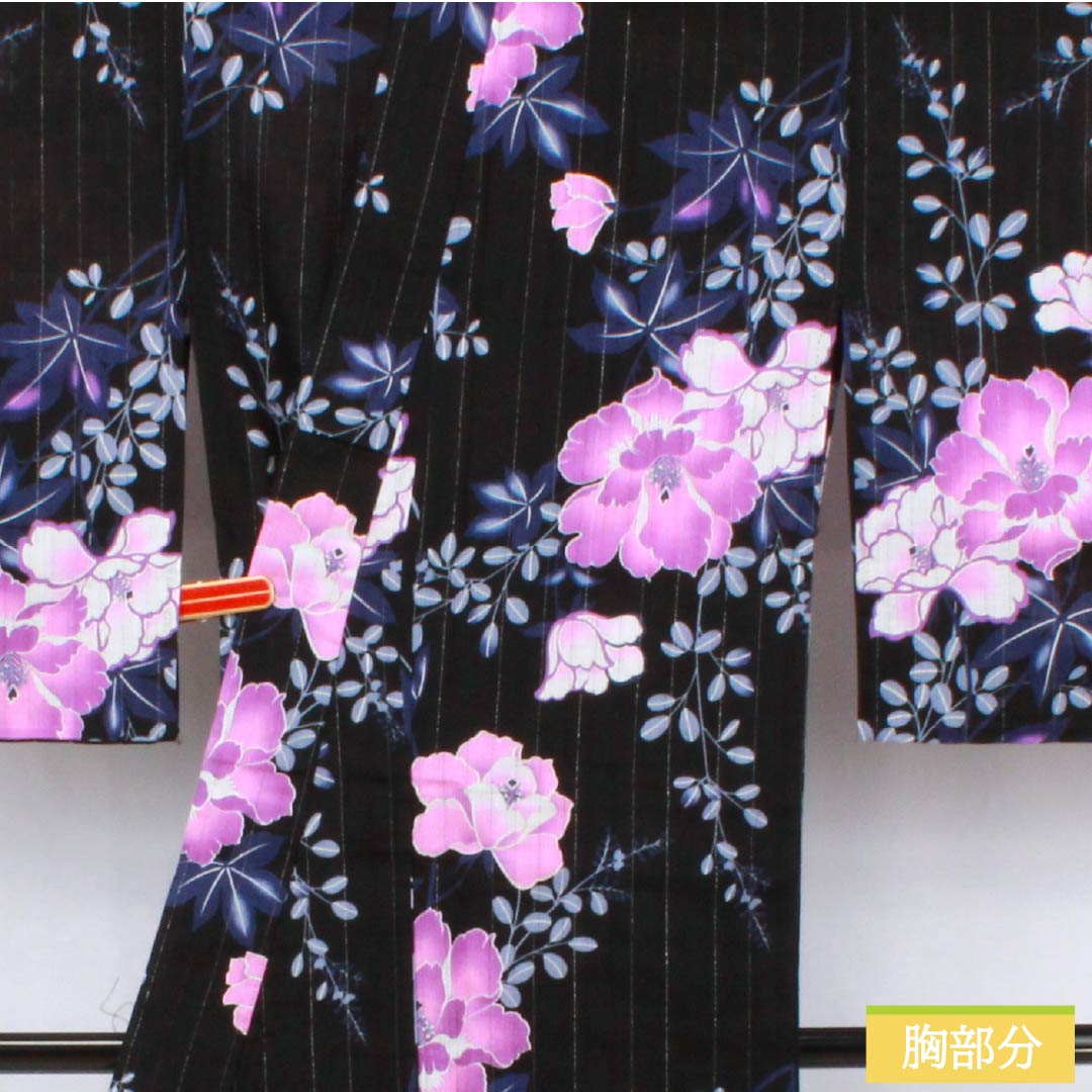浴衣 木綿 身丈161.5cm 裄丈65cm Sランク 単衣 黒系 竪絽（たてろ） 花 銀糸入り 1118006662410
