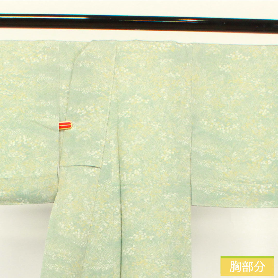 小紋 正絹 身丈158cm 裄丈61.5cm 袷  裏葉色 草花模様 しつけ糸付き 未使用品  Sランク 緑系 1115003612319