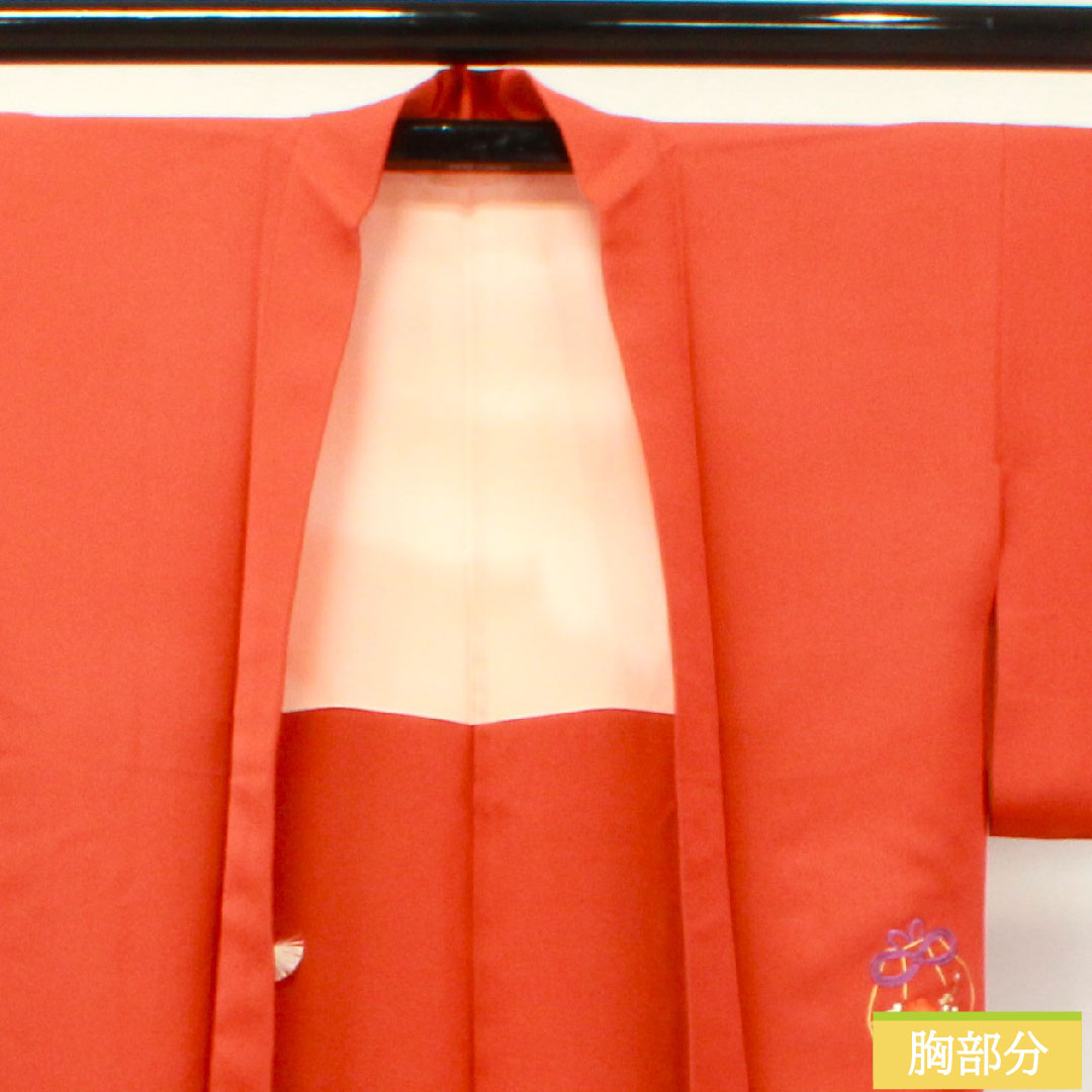Haori (Japanese traditional coat) made of pure silk, length 73.5cm, sleeve length 60.5cm, scarlet, embroidery, rank S, lined, vermilion, 1117000962916