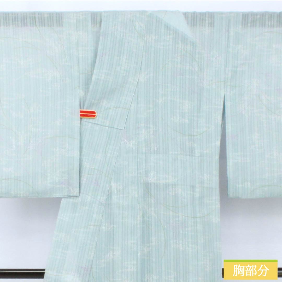 夏物 ポリエステル 小紋 身丈153cm 裄丈62.5cm 瓶覗色（かめのぞきいろ） 流水 秋草 洗える着物 紗 Aランク 水色系 1132002313224