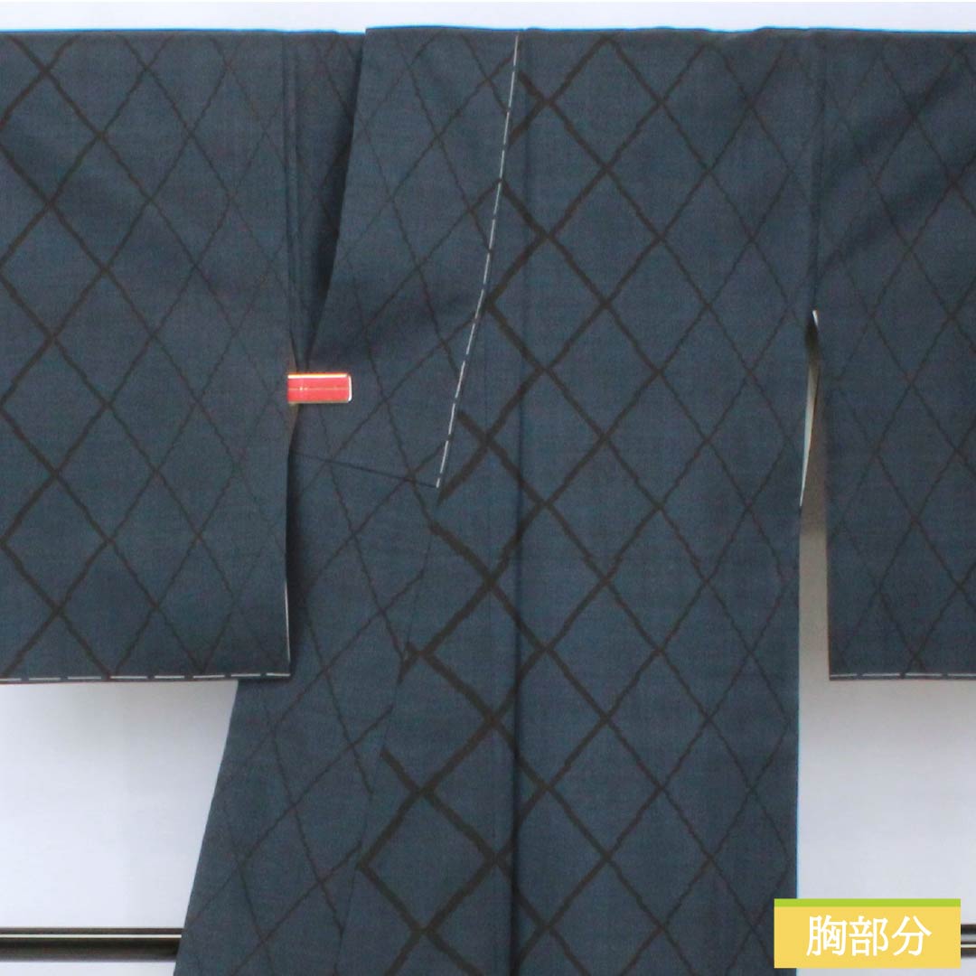 Silk Tsumugi (Japanese kimono), Length 160.5cm, Sleeve Length 62.5cm, Korean Indigo Blue, Oshima Tsumugi, 7 Marks, Ichigen Kasuri, A-Rank, Lined, Navy Blue, Product Number: 1116003793418