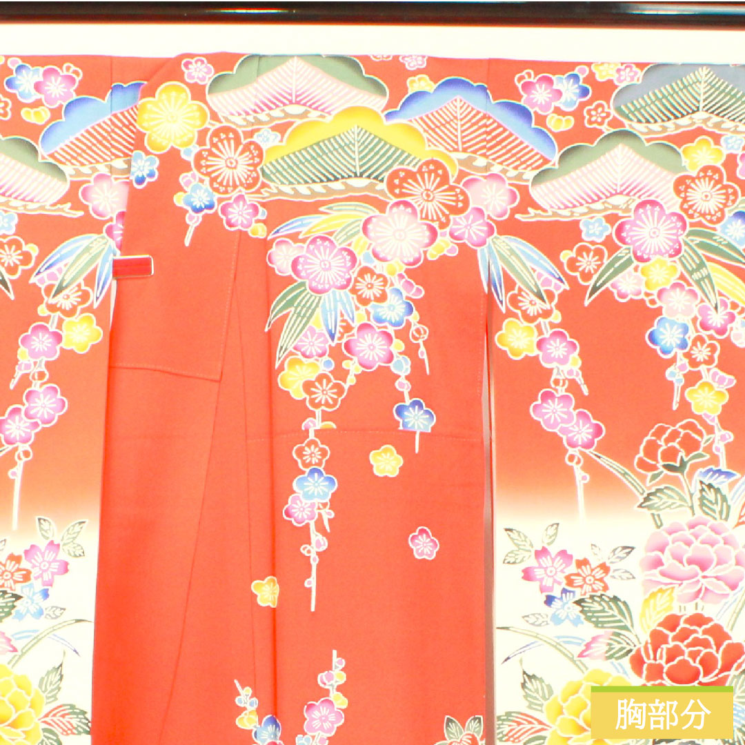 Furisode (long-sleeved kimono) made of pure silk, length 162.5cm, sleeve length 63.5cm, lined, silver-vermilion, Kyoto Bingata, auspicious motif, S rank, vermilion, 1113002112416