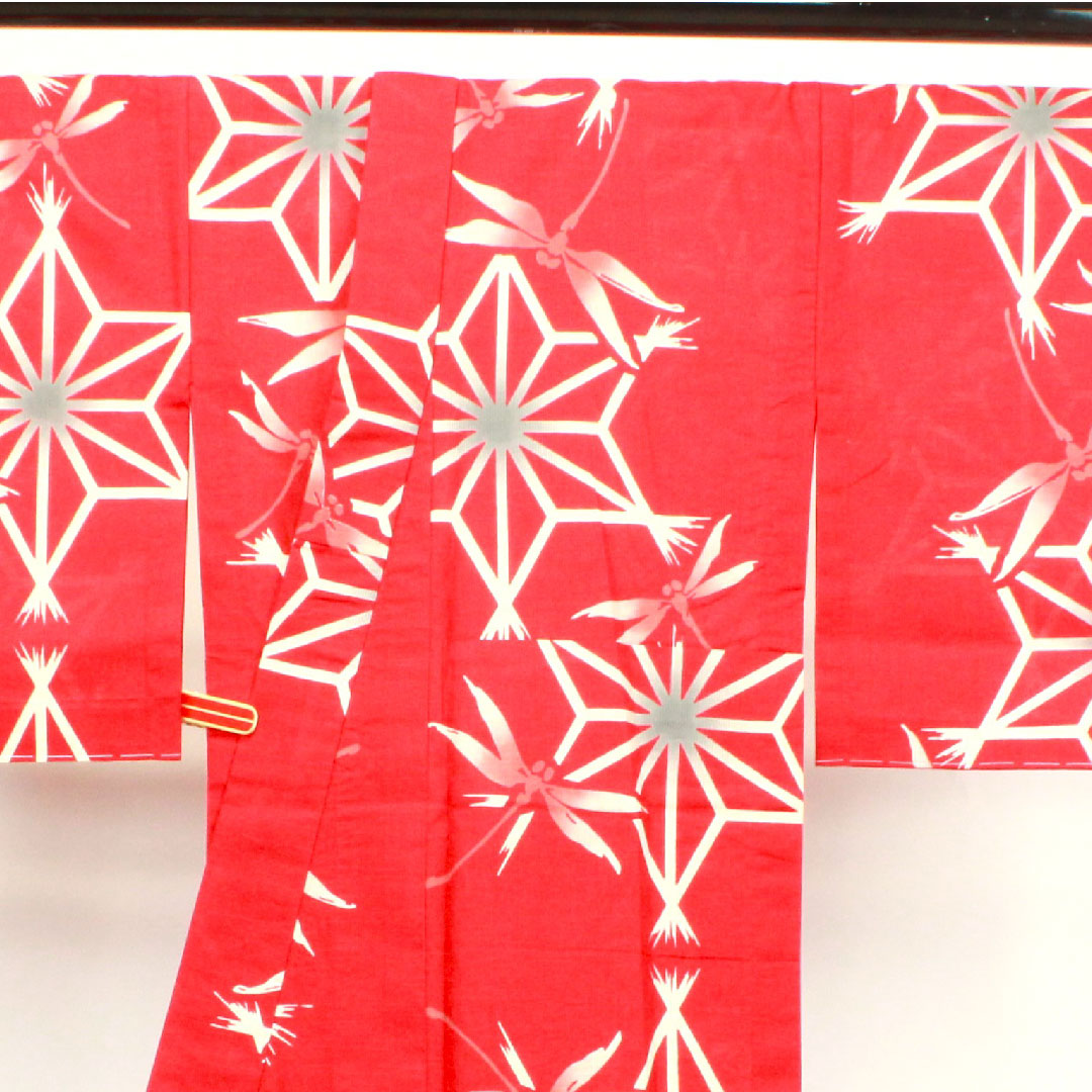 Yukata with basting thread, unused, western crimson, dragonfly, cotton, S rank, single layer, length 165cm, sleeve length 68cm, red, 1118002152512