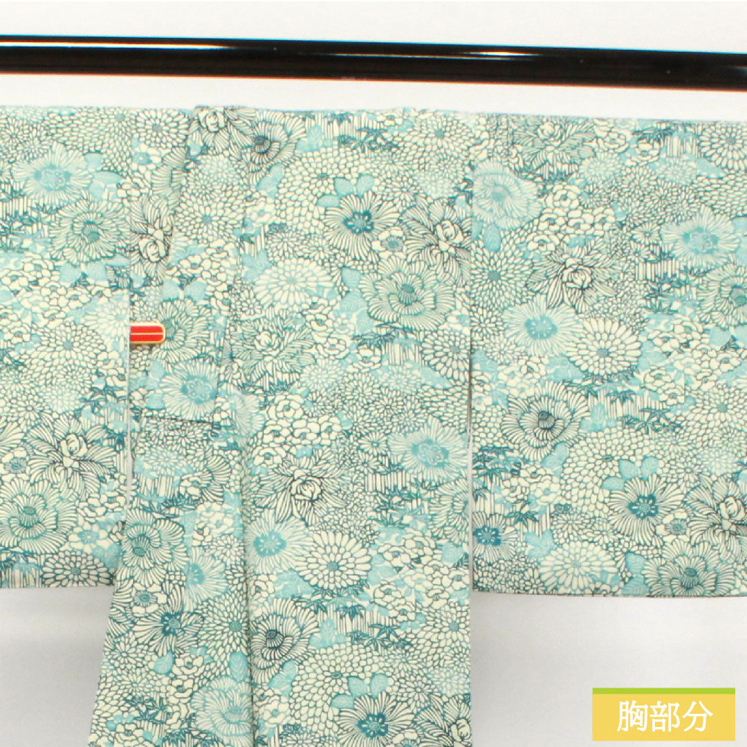 小紋 ポリエステル 身丈160.5cm 裄丈63.5cm 袷  卯の花色 型染 菊 竹 洗える着物  Sランク 白系 1115003752411