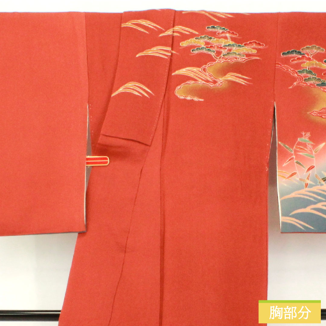 訪問着 正絹 袷 身丈165.5cm 裄丈65cm 弁柄色（べんがらいろ） 京友禅 茶屋辻風景模様 ちりめん地 Aランク 朱系 1112005923516