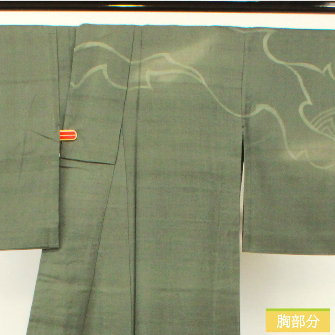 訪問着 正絹 単衣 身丈168.5cm 裄丈66.5cm 鈍色（にびいろ） 紬地 抽象模様 Sランク 緑系 1112004212519