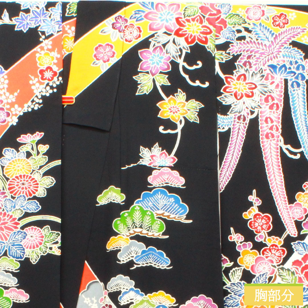 振袖 正絹 身丈157cm 裄丈63cm 袷  京紅型 草花模様  Sランク 黒系 1113001862310