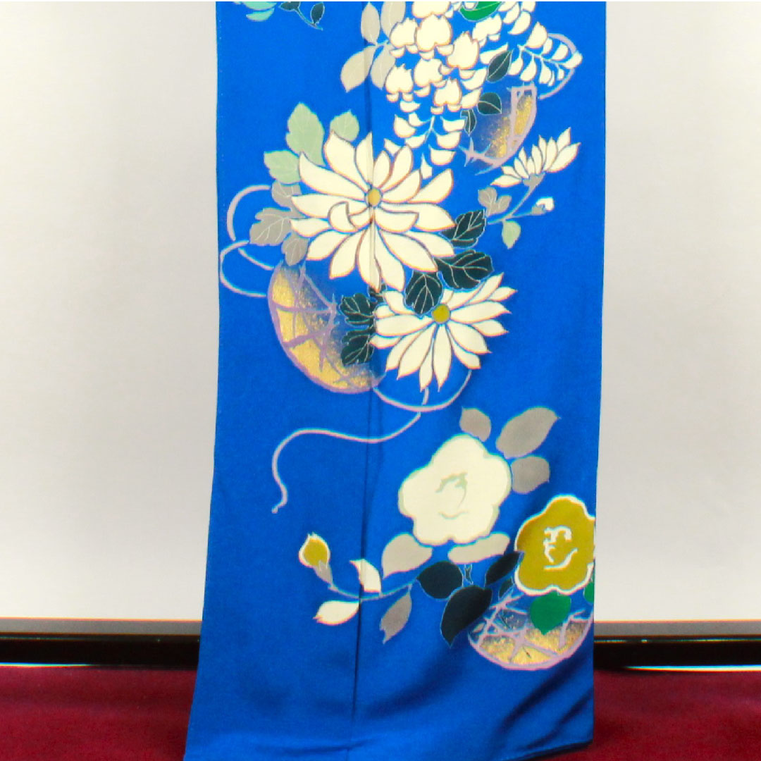 訪問着 袷 身丈163cm 裄丈68cm 瑠璃紺色 桜 菊 椿 正絹 Aランク 青系 1112001683417