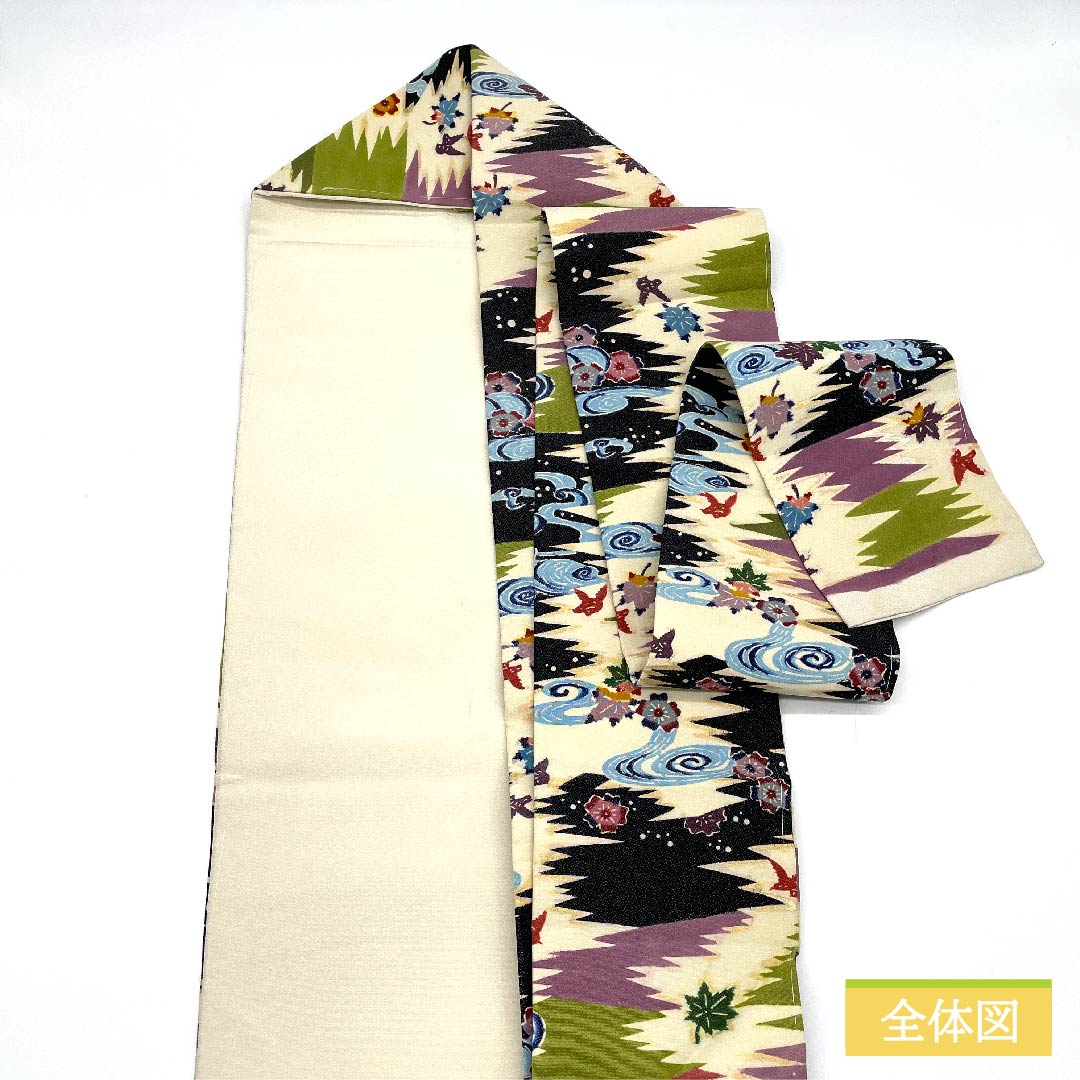 Nagoya obi, natural color, Kanze Ryusui pattern, floral pattern, obi length 340cm, pure silk, S rank, full length, casual, cream color, 1124006502315, Nagoya style