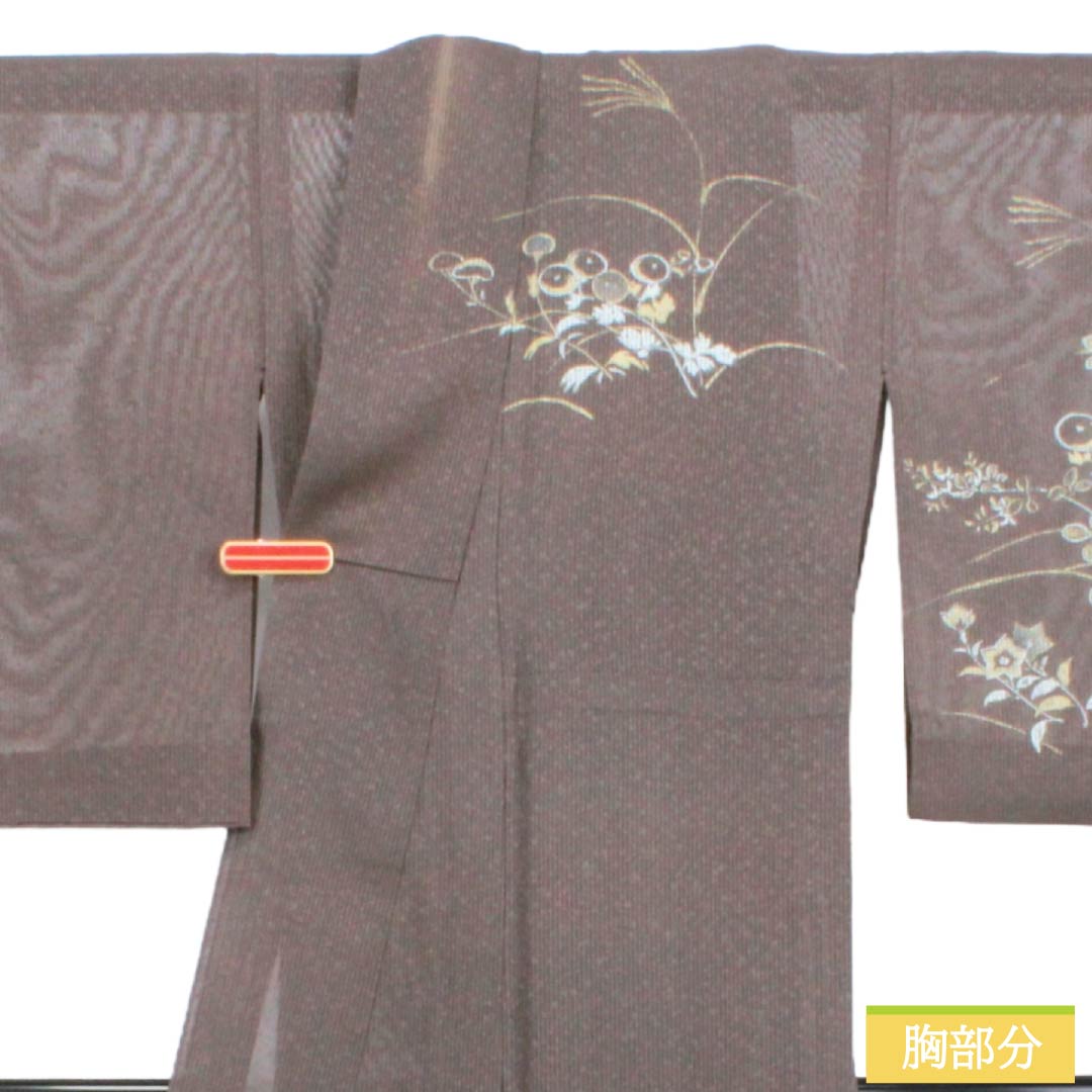 夏物 正絹 訪問着 Bランク 身丈165.5cm 裄丈65cm 都鼠色（みやこねずいろ） 京友禅 タタキ染 秋草 絽 茶系 1132005104514
