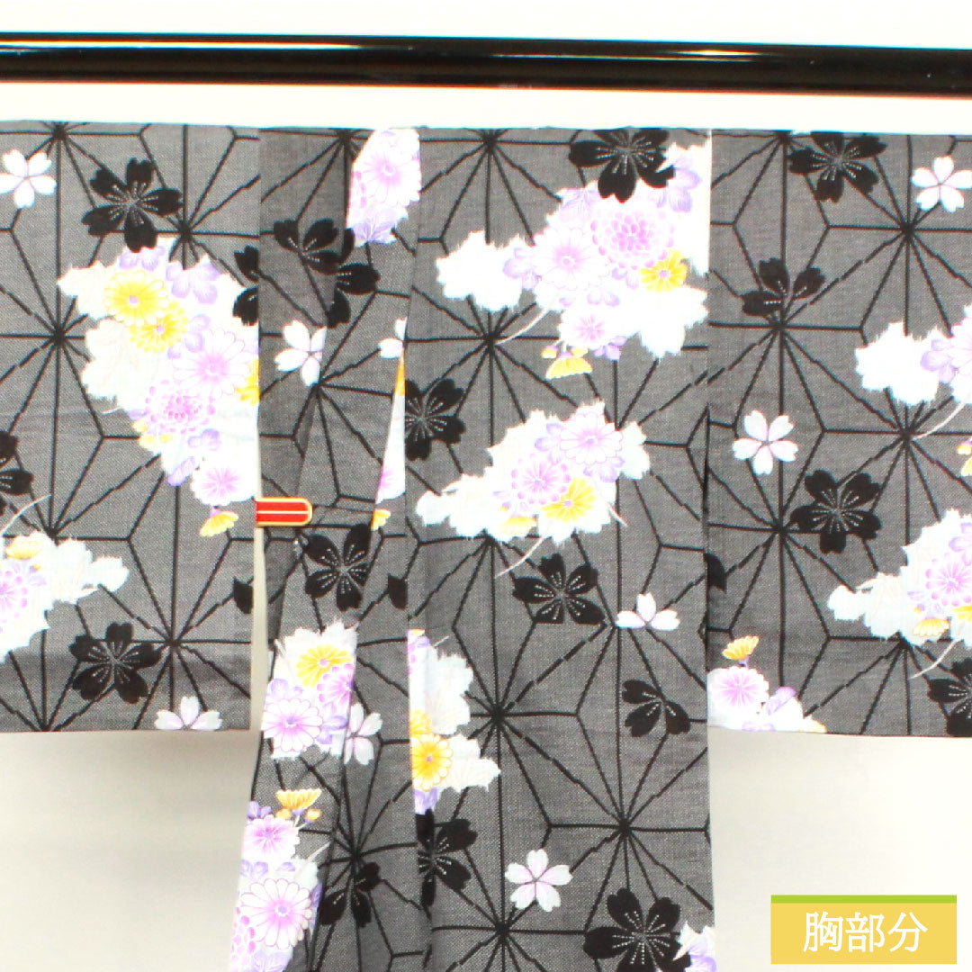 Yukata Cotton Length 160cm Sleeve length 64cm S rank Single layer Black Hemp leaf Chrysanthemum Cherry blossom 1118004532410