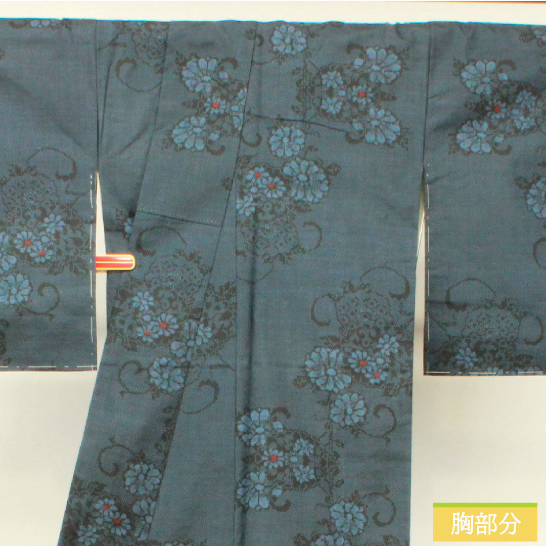 Tsumugi, pure silk, length 162.5cm, sleeve length 64cm, flower pattern, A rank, lined, navy blue, 1116003303418