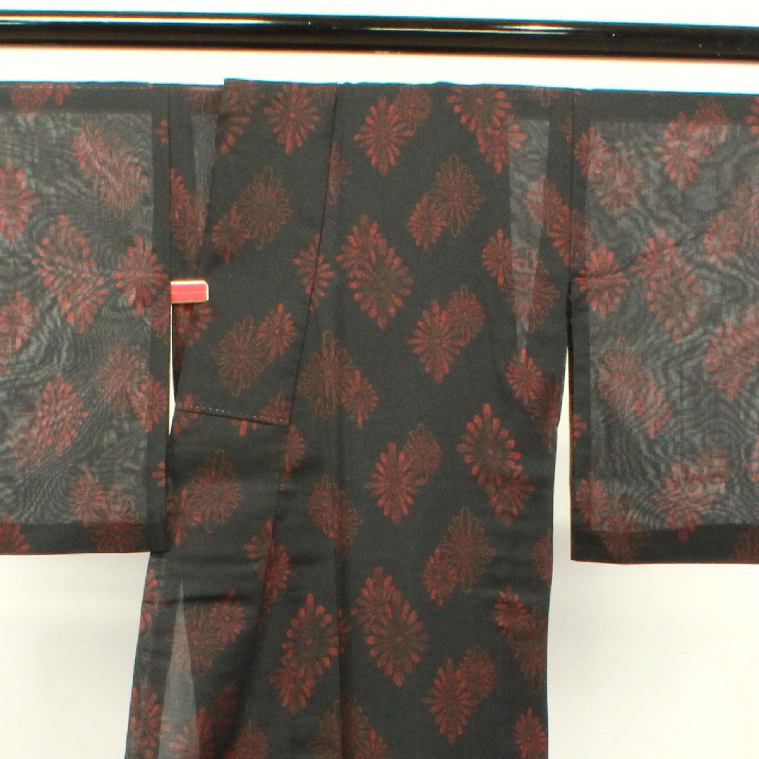 Summer kimono, polyester, pongee, length 154.5cm, sleeve length 64.5cm, Kikubishi, washable kimono, with basting thread, gauze, S rank, black, 1132000922210