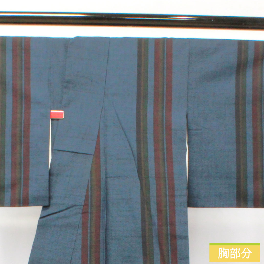 Tsumugi silk, length 168cm, sleeve length 64cm, hexagonal pattern, stripes, S rank, lined, navy blue, 1116003092518