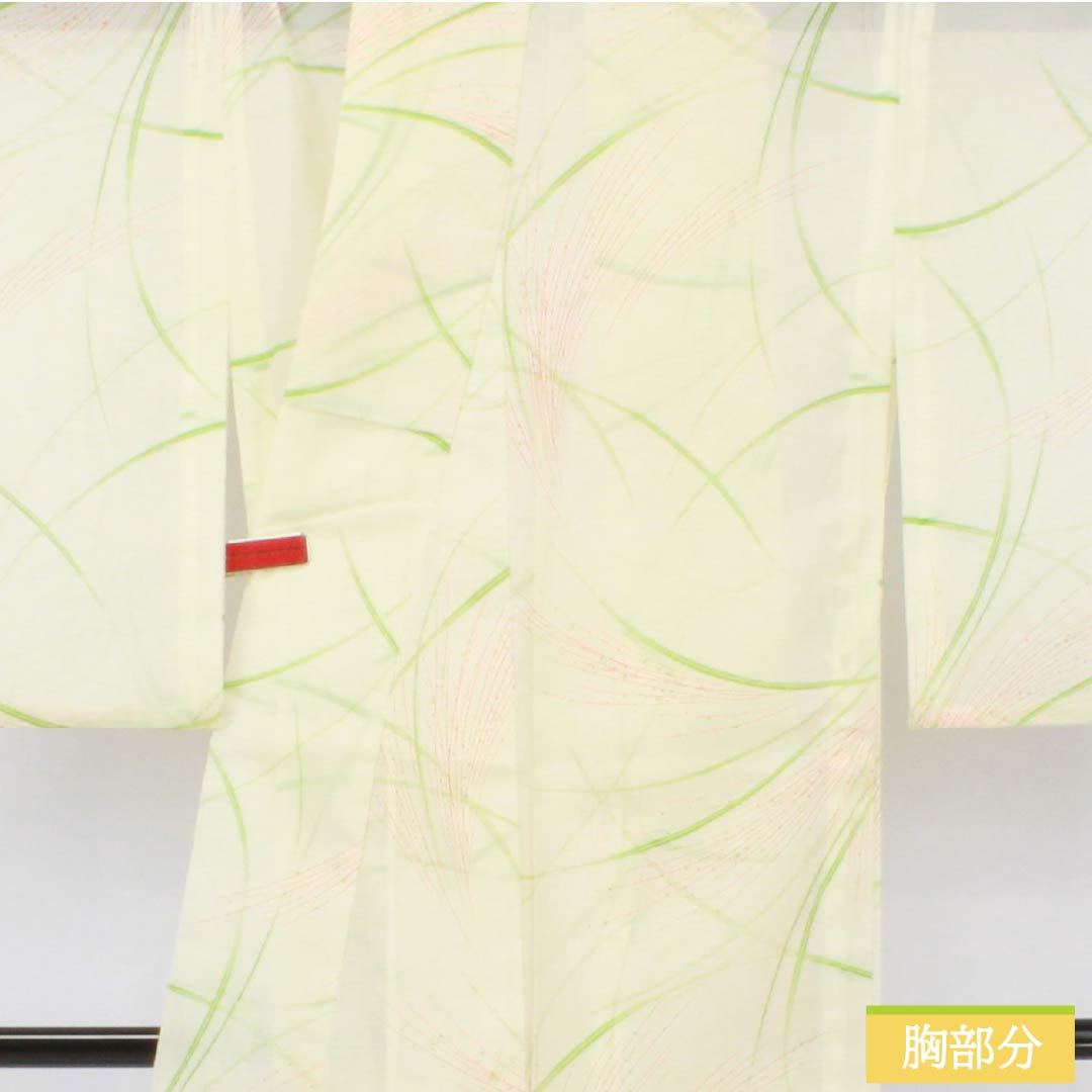 夏物 ポリエステル 小紋 身丈159cm 裄丈63.5cm 白百合色（しらゆりいろ） ススキ 洗える着物 絽 Sランク 黄系 1132002582323