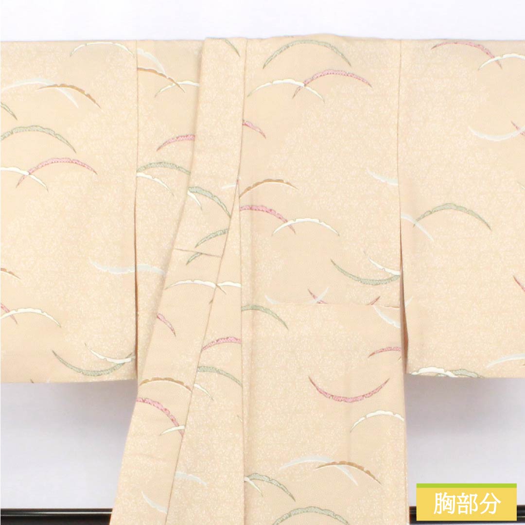 Komon (small pattern) polyester kimono, A rank, length 155.5cm, sleeve length 63cm, lined, walnut color (kurumiiro) with dew-grass pattern, backless, washable, beige, 1115007123325