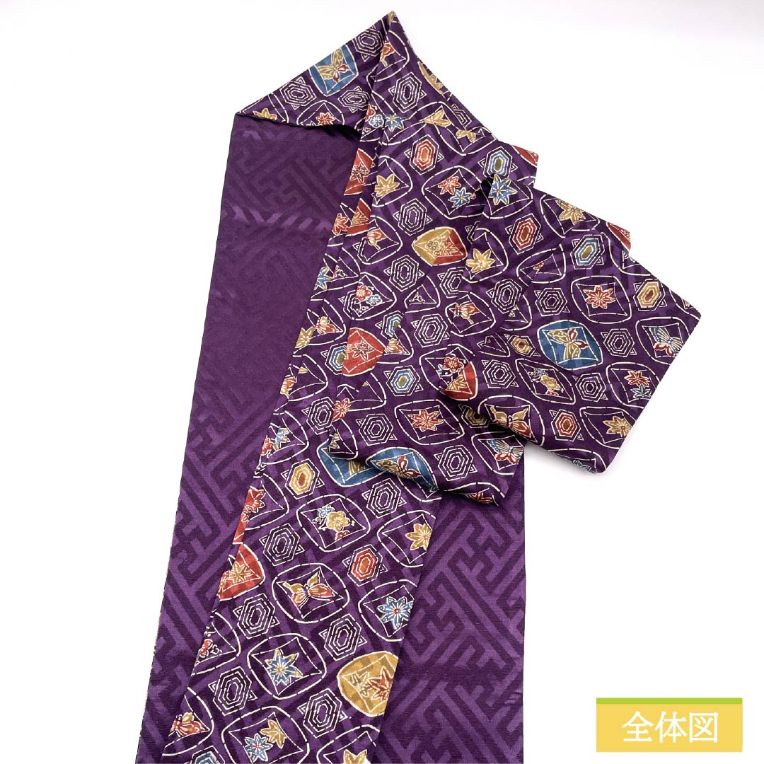 Nagoya Obi, Pure Silk, S-Rank, Grape Purple, Plant-Dyed, with a Blowing Pattern and Autumn Leaves, Length 382cm, Full Length, Casual, Purple, Product Number 1124009722420, Nagoya Style