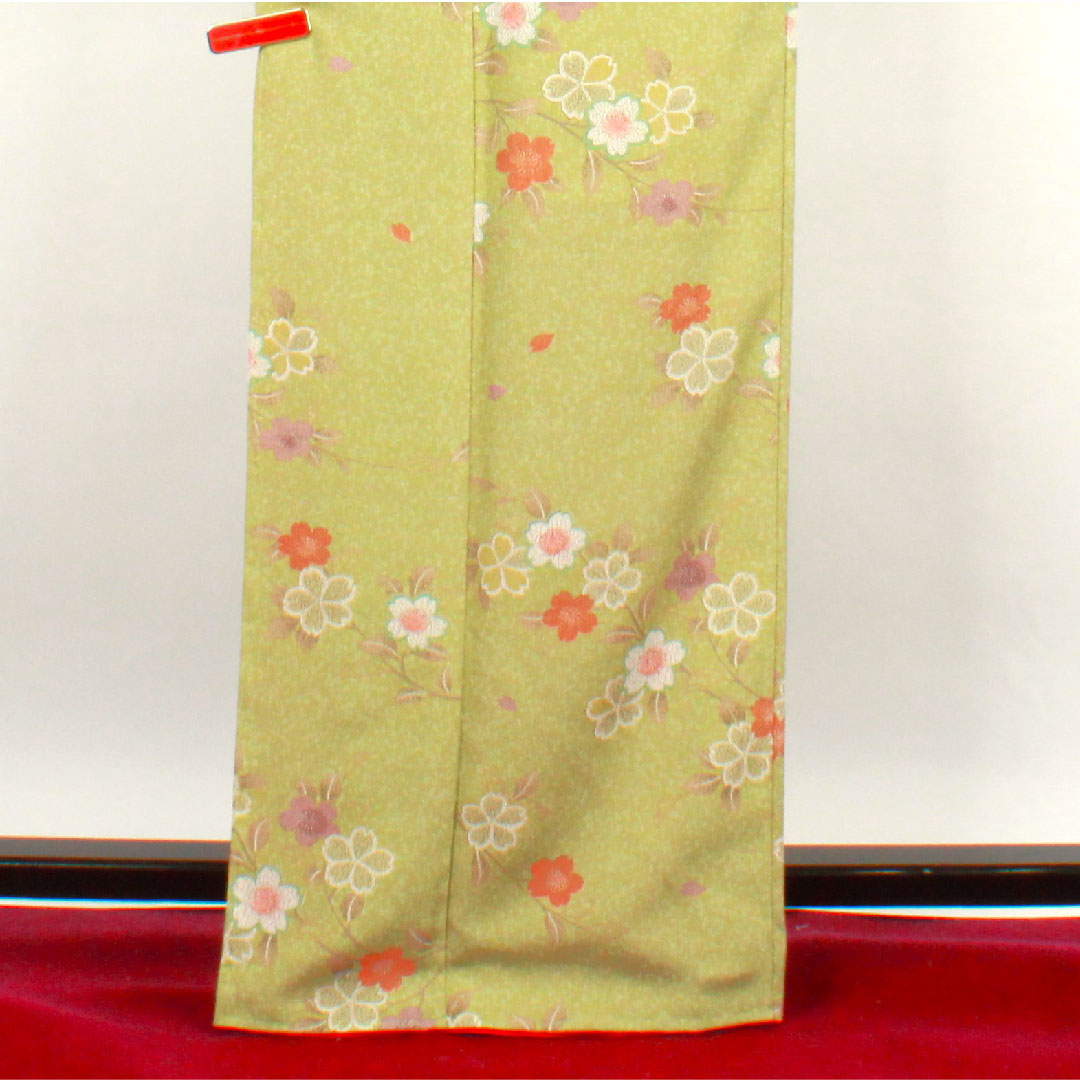 小紋 身丈164cm 裄丈64cm 袷  薄青朽葉色 洗える着物 桜  ポリ Sランク 緑系 1115002342419