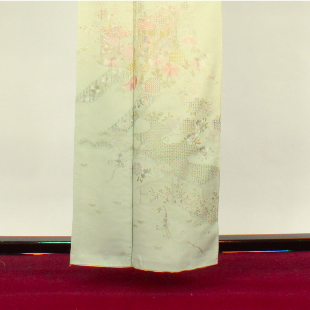 訪問着 袷 身丈159.5cm 裄丈65cm 翠山刺繡 利休白茶色 汕頭刺繡 蘇州刺繡 片喰 正絹 Sランク 緑系 1112002242319