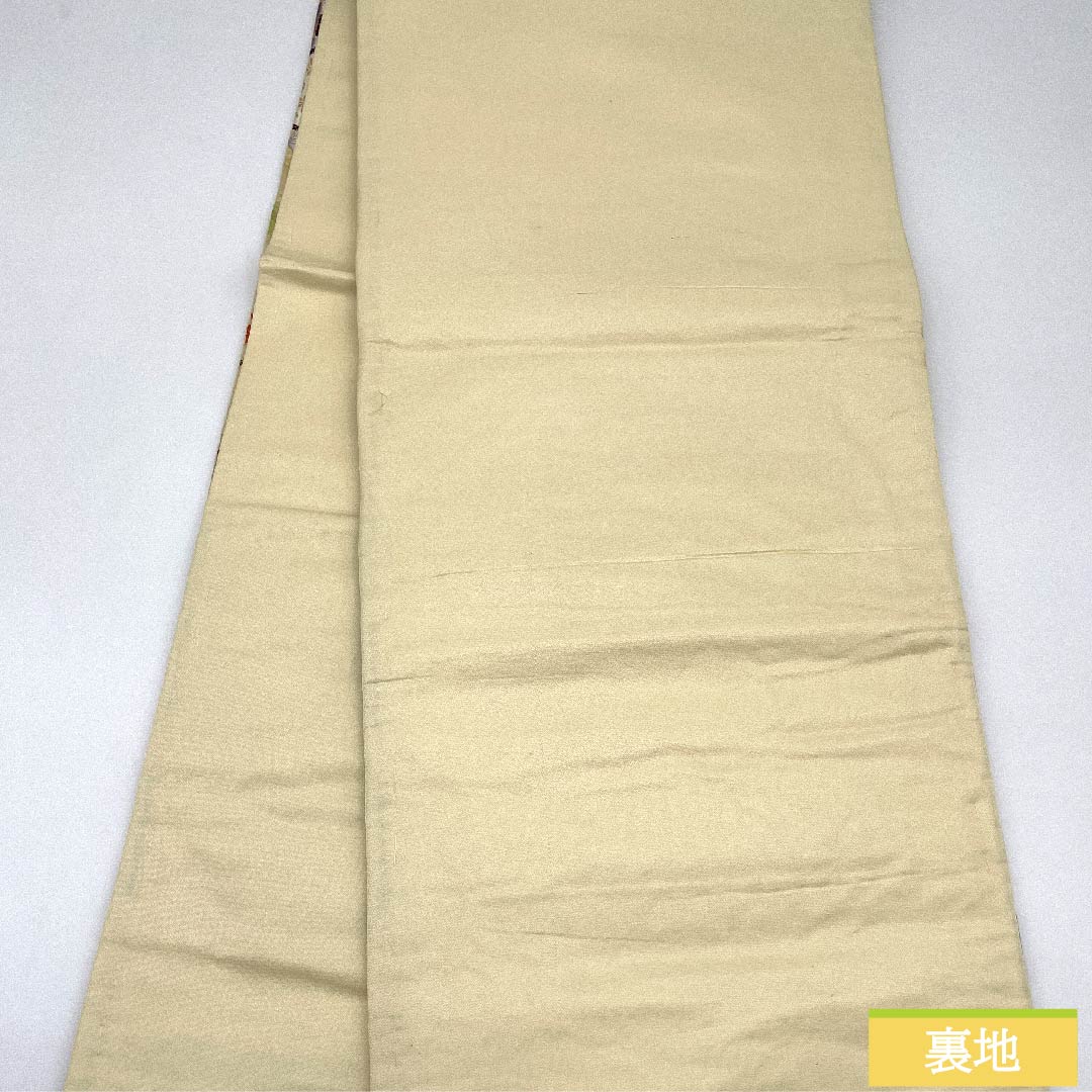 袋帯 薄卵色（うすたまごいろ） 御所車 牡丹 菊 紅葉 帯丈404cm 正絹 Sランク 六通 フォーマル クリーム系 1123010122315