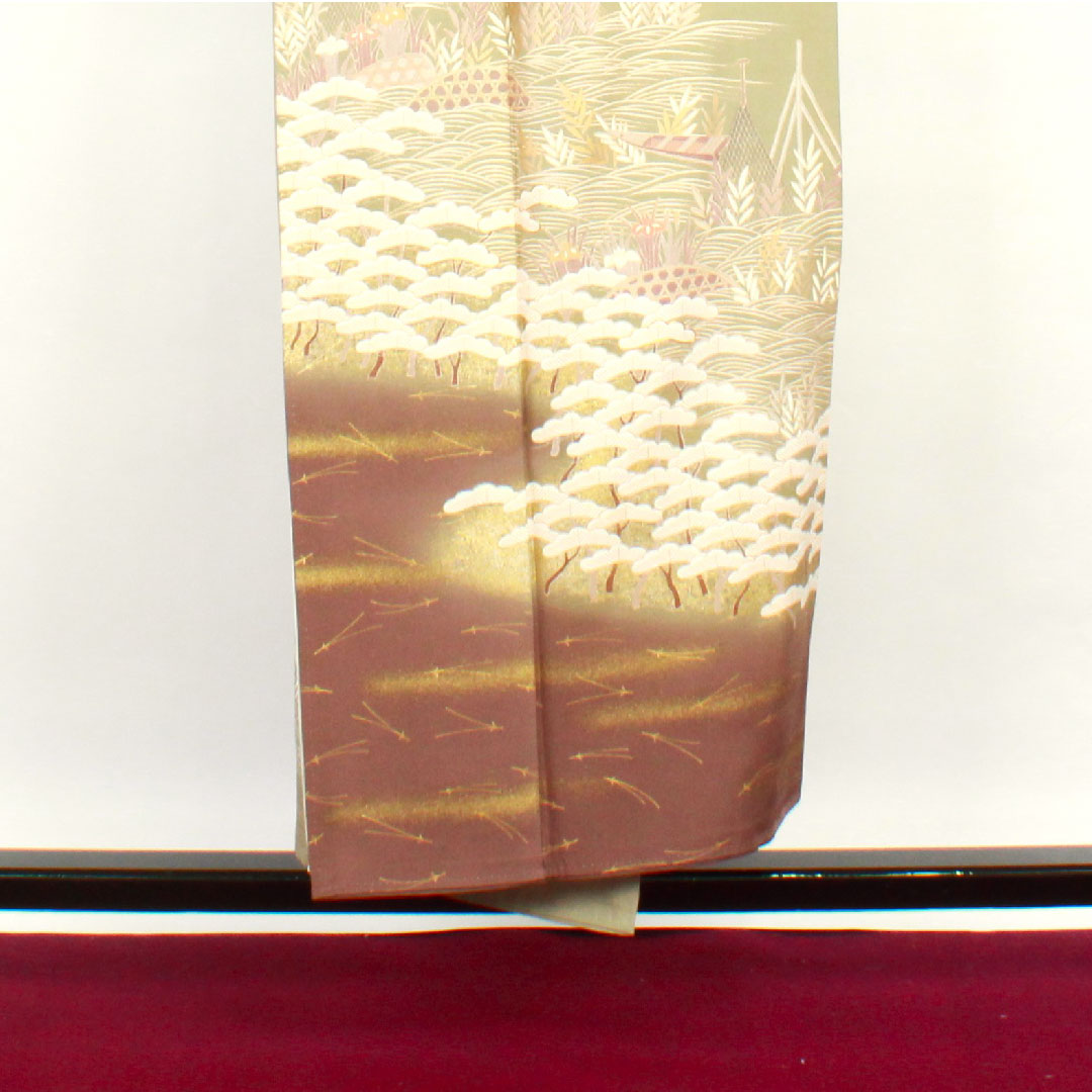 色留袖 身丈150cm 裄丈64.5cm 袷 蝋色 京友禅 松 丸に剣片喰 正絹 Aランク 三つ紋 緑系 1111000493119